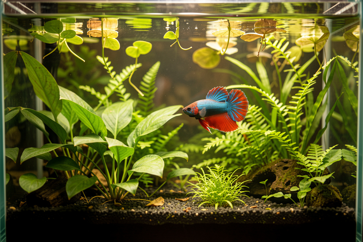 A lush low-tech planted nano aquarium with a betta among Anubias and floating plants