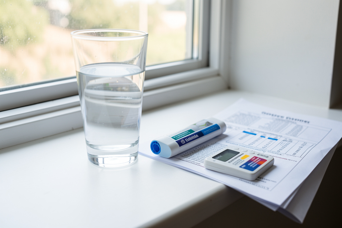 Glass of tap water beside a chlorine test kit and a printed water quality report