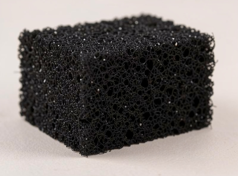 Cut activated carbon filter block showing its dense black structure