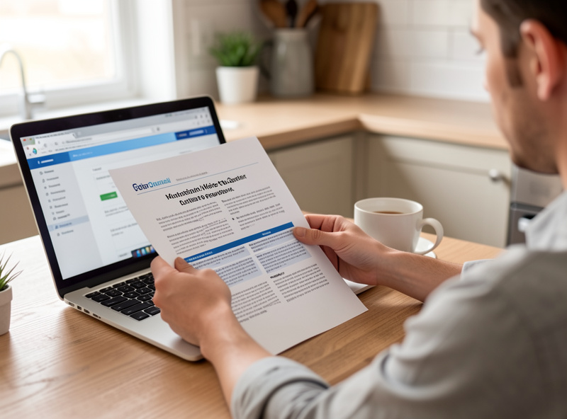 Person reading a municipal water quality report at a kitchen table