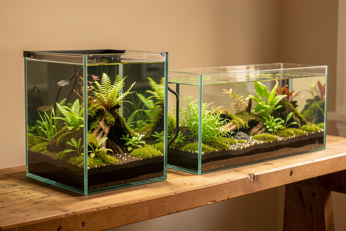 A cube aquarium beside a longer rectangular aquarium showing the shape difference