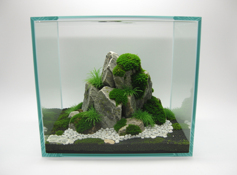 A cube nano aquascape with a single central stone-and-moss hardscape in the iwagumi style
