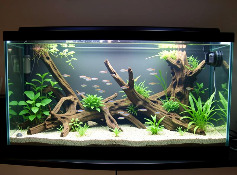A long low rectangular planted aquarium with a school of small fish swimming along its length