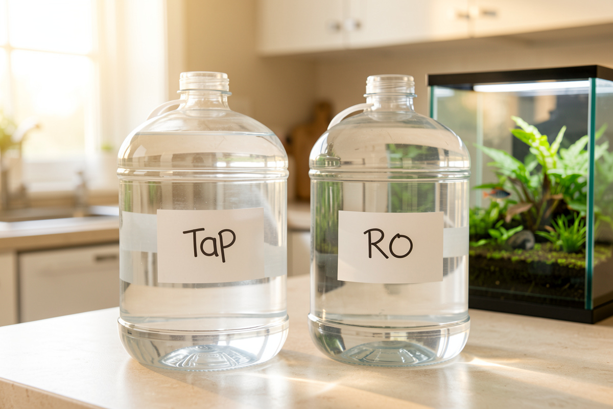 Two water jugs labelled tap and RO on a counter beside a planted nano aquarium