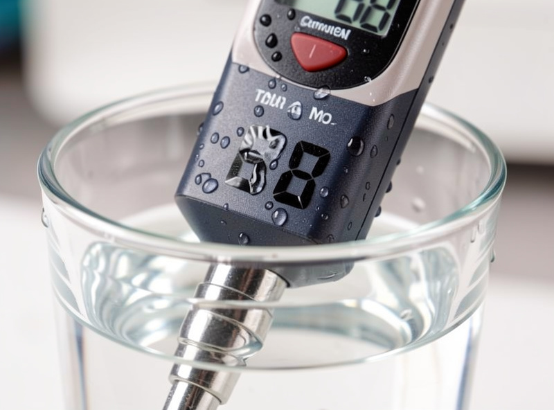 Digital TDS meter reading a three-digit number in a glass of tap water