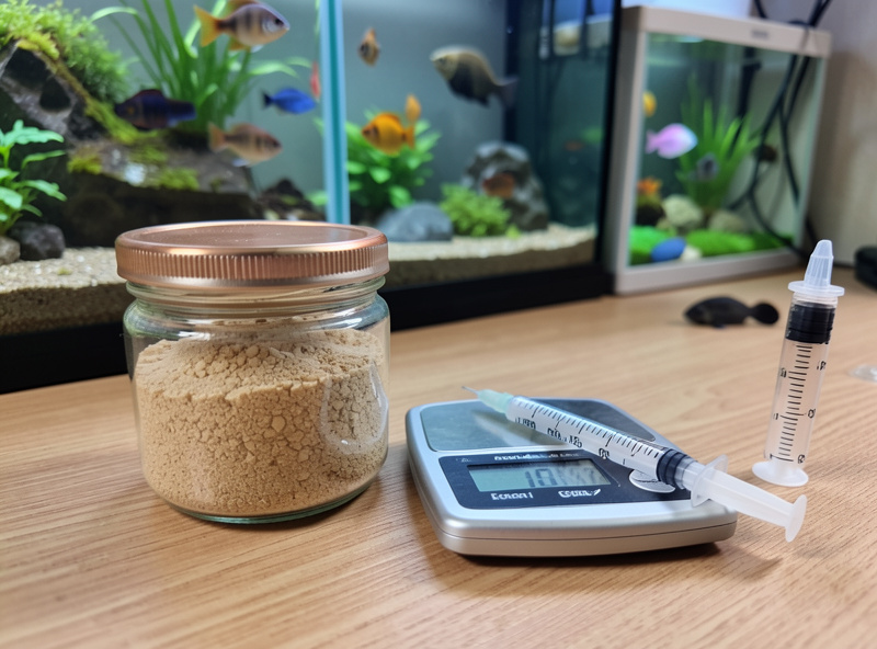 Dry aquarium fertilizer salts weighed on a small scale beside a dosing syringe