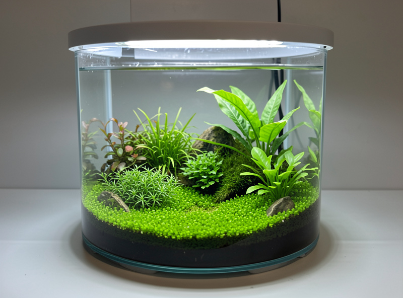 Small rimless nano aquarium with green carpet plants under LED light