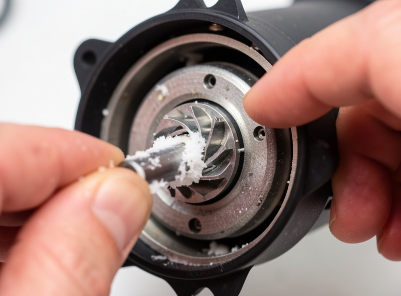 Hands pulling a small magnetic impeller with white calcium scale out of a nano filter motor housing