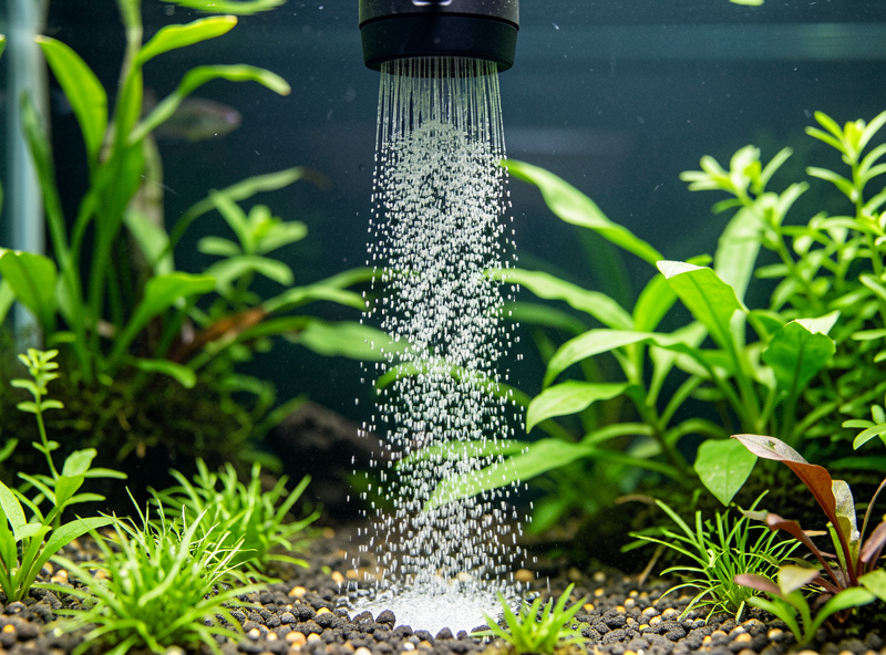 Airstone releasing a column of fine bubbles in a small planted aquarium as emergency oxygenation