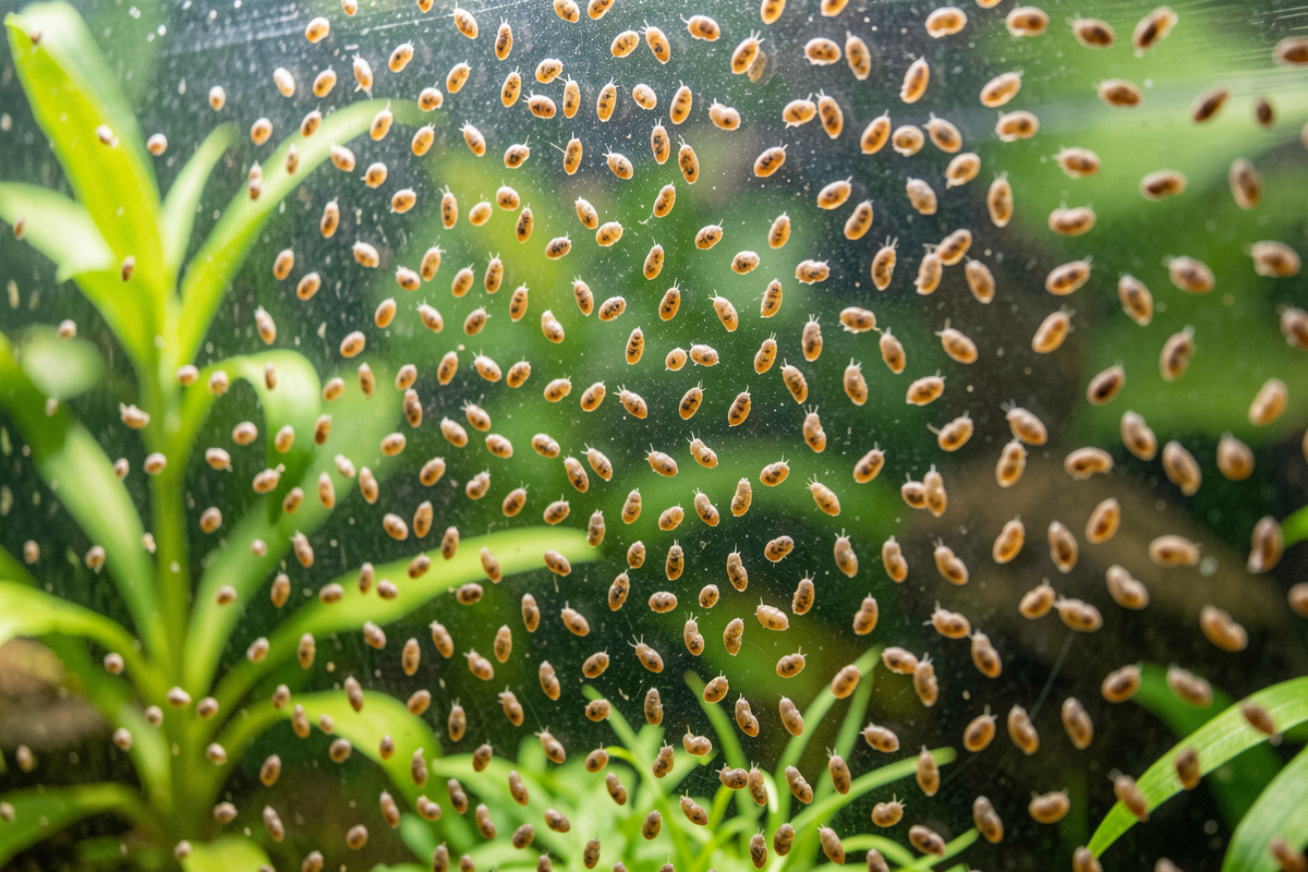 Nano aquarium glass crawling with pest snails during an outbreak