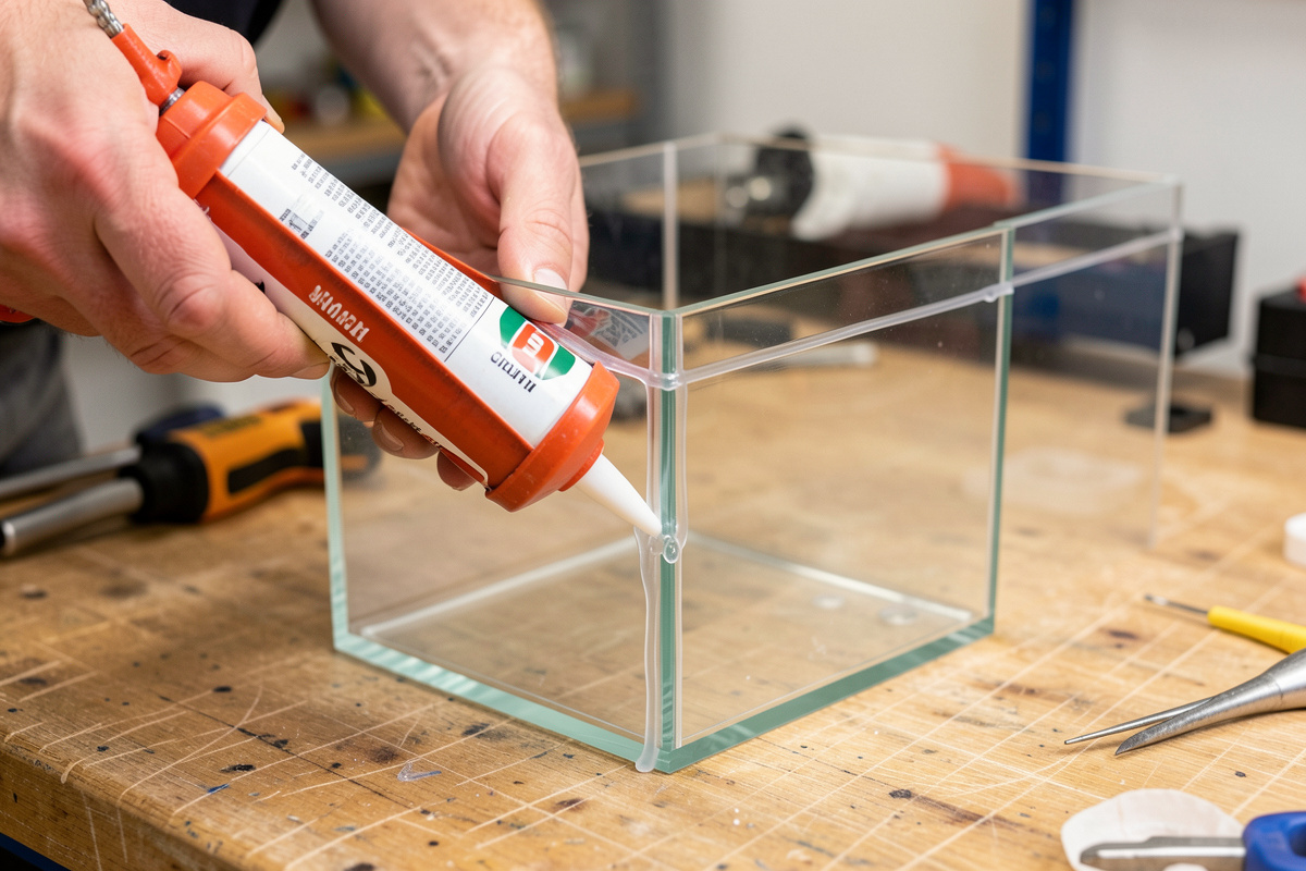 Hands laying a fresh bead of clear silicone along the inside corner seam of an empty small aquarium