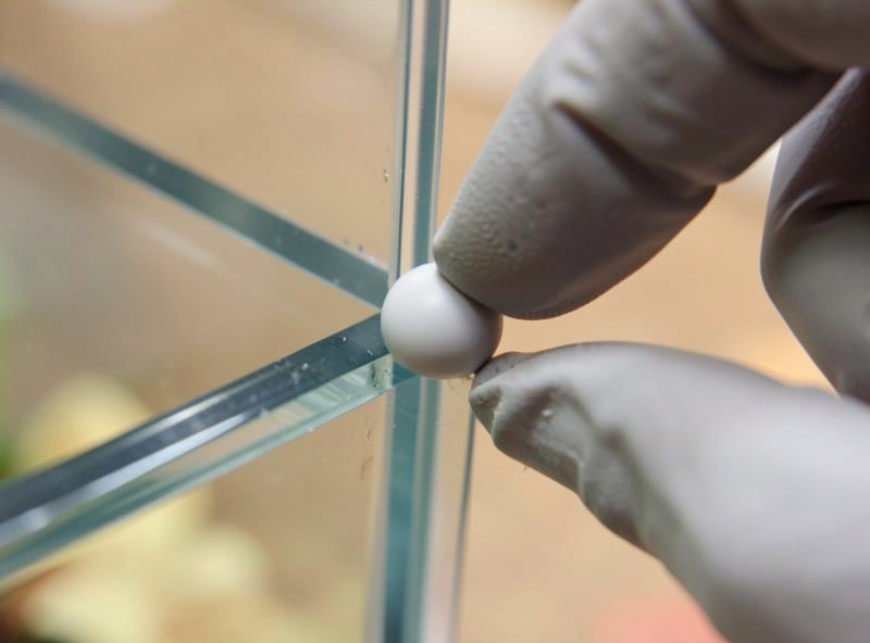 Freshly tooled smooth silicone bead in the corner seam of a small aquarium finished with a gloved fingertip
