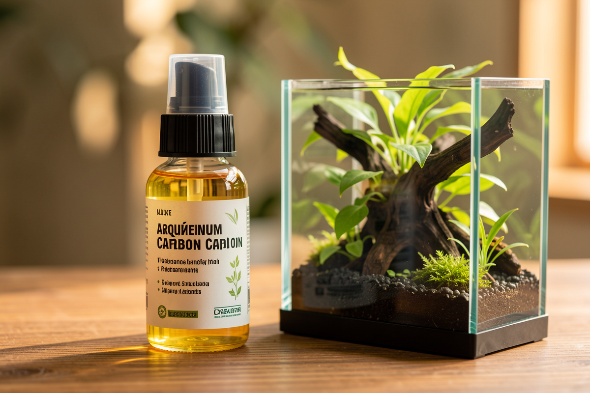 A bottle of aquarium liquid carbon supplement beside a planted nano tank with driftwood