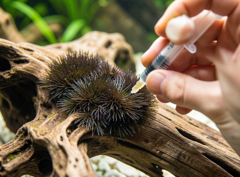 A syringe spot-dosing liquid onto a patch of black beard algae growing on aquarium driftwood