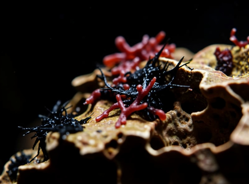 Macro of black beard algae and staghorn algae turning reddish and dying on aquarium hardscape