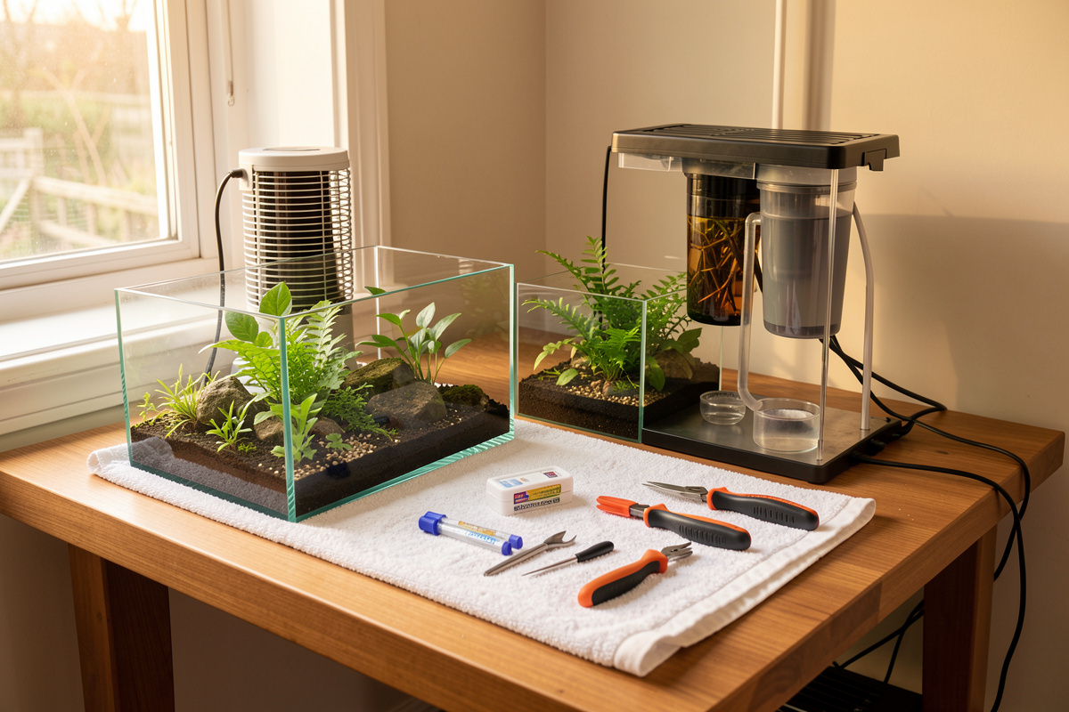 Nano aquarium maintenance bench with heater, filter, test kit and tools laid out on a towel