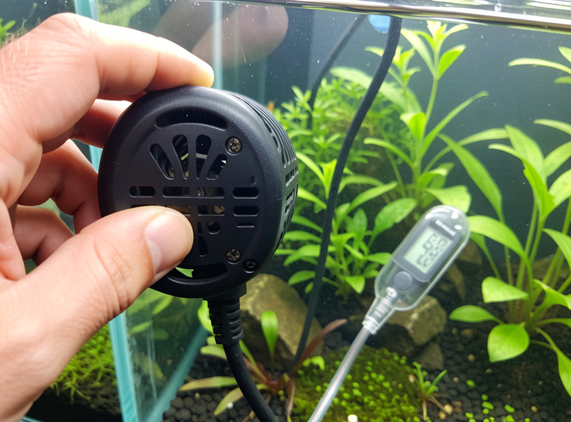 Hand holding a submersible aquarium heater against tank glass with a digital thermometer probe in the water