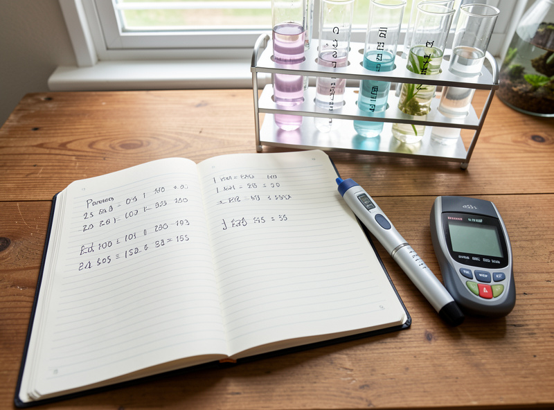 Open parameter logbook with handwritten numbers beside test tubes of aquarium water, a pH pen and TDS meter on a wooden bench