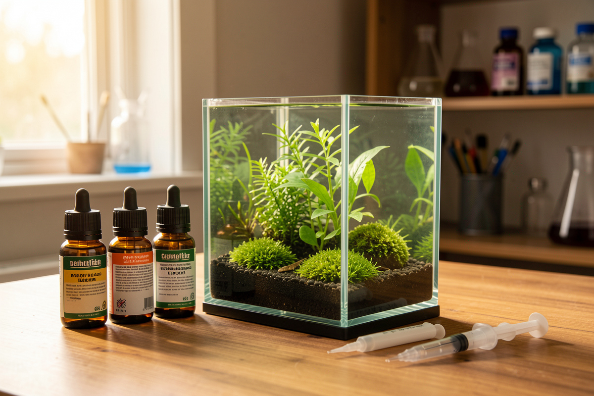 Planted nano aquarium with liquid fertilizer bottles and a dosing syringe on a desk