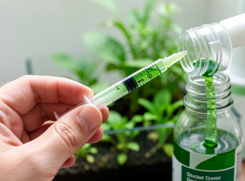 Liquid aquarium fertilizer bottles with a dosing syringe beside a small planted nano tank
