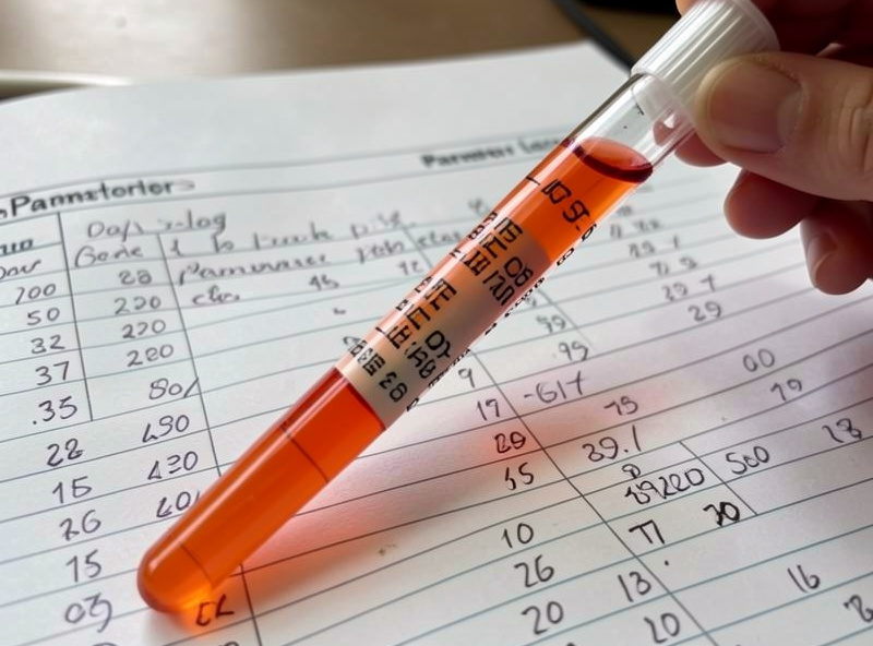 Liquid nitrate test kit tube showing an orange result next to a parameter logbook