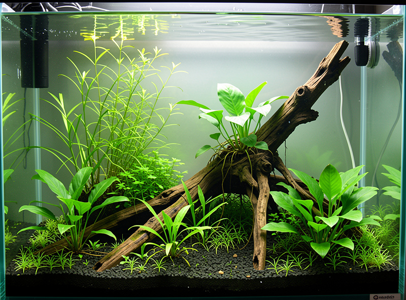 Lush low-tech planted nano aquarium with healthy green stem plants and epiphytes