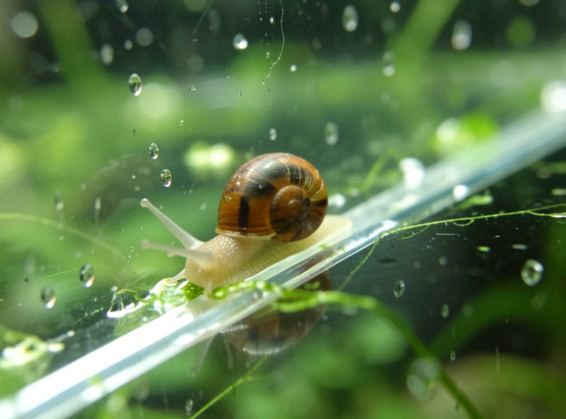 A nerite snail grazing a clean track across algae-filmed nano tank glass