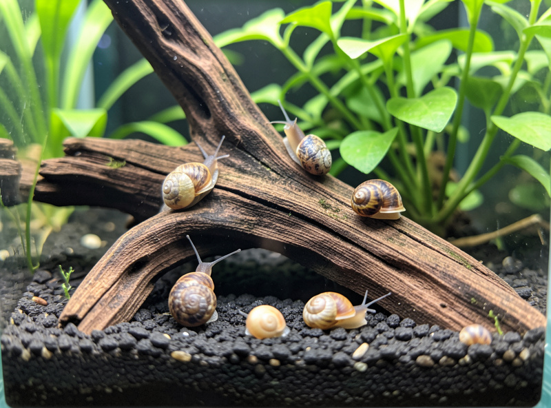 Several small aquarium snails on aquascaped driftwood and substrate in a planted nano tank