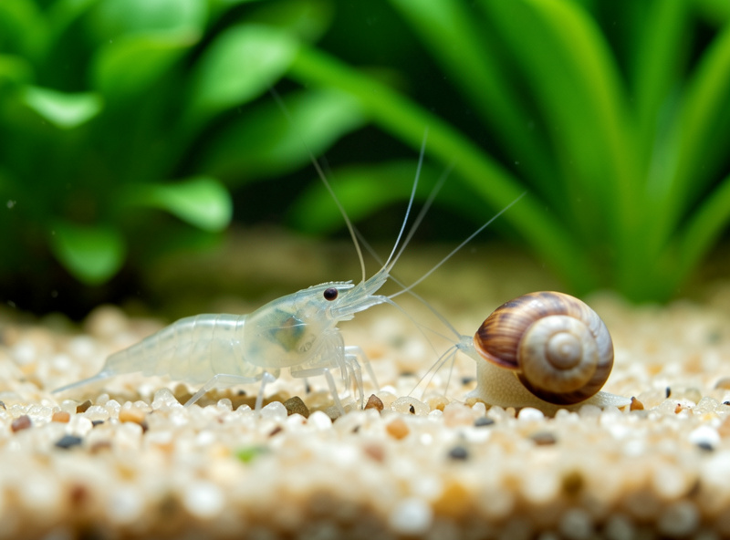 A dwarf shrimp and a snail feeding side by side on the substrate of a nano aquarium