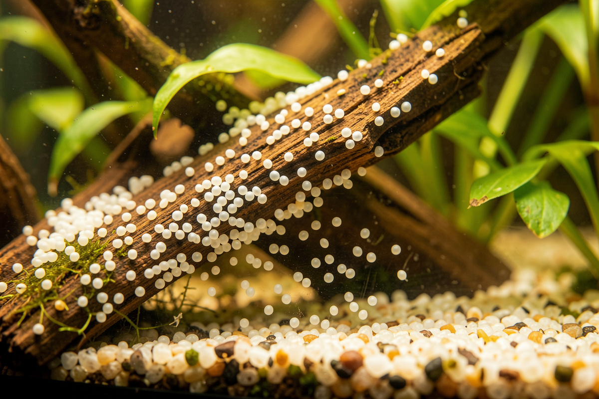 White nerite snail eggs scattered on the glass and driftwood of a nano aquarium