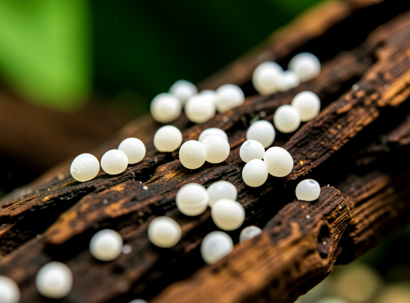Close-up of white nerite snail eggs cemented across dark aquarium driftwood