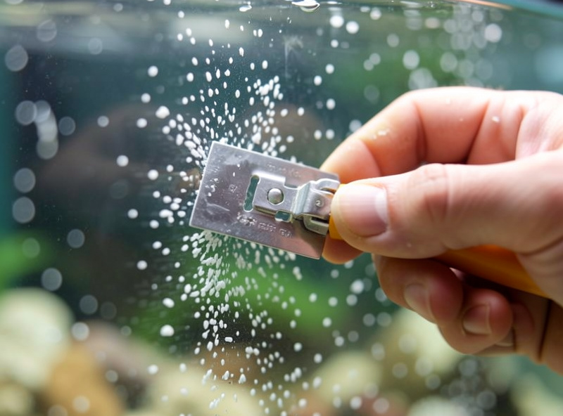 A razor scraper removing white nerite eggs from aquarium glass during a water change
