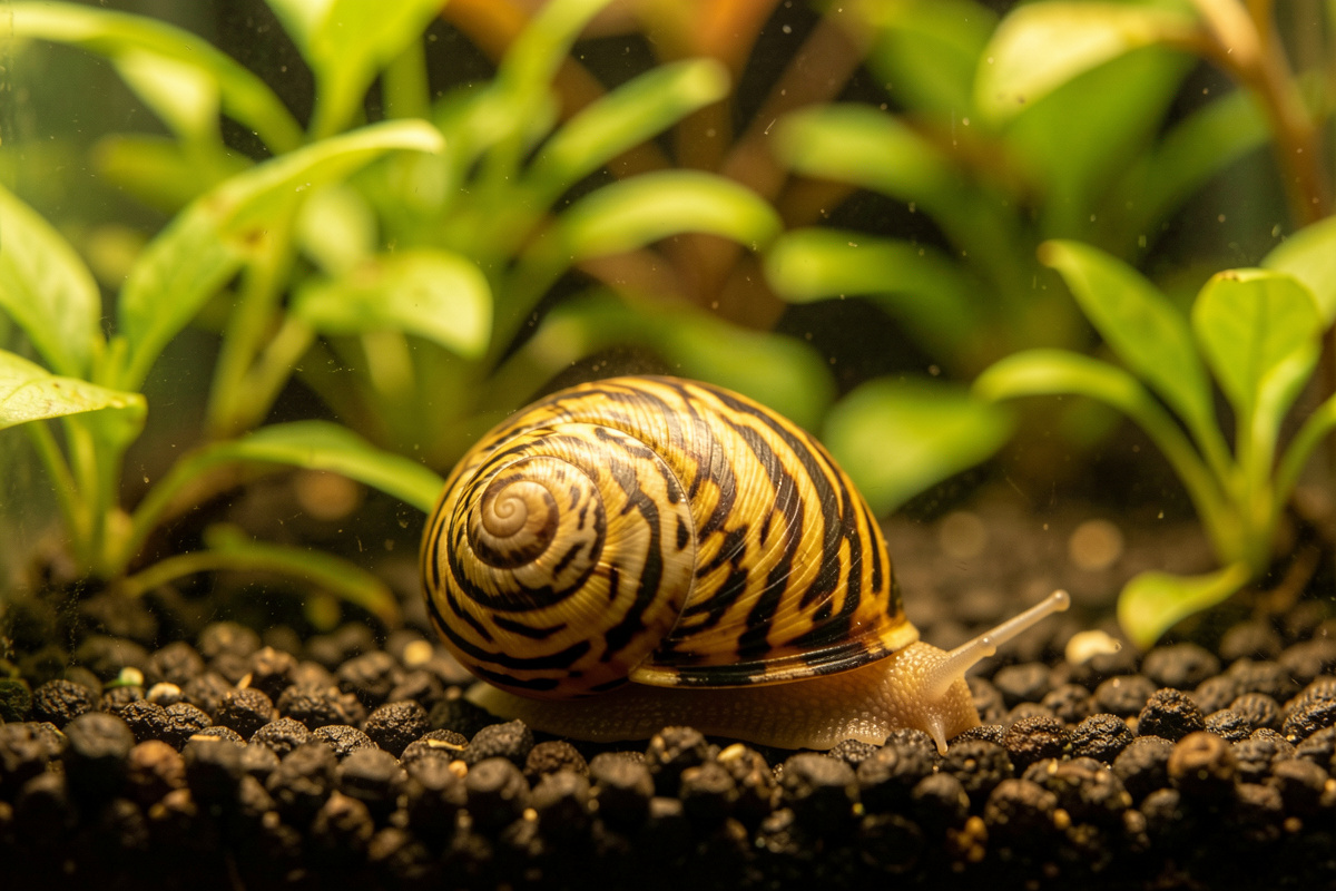 Zebra nerite snail grazing algae on planted nano tank glass