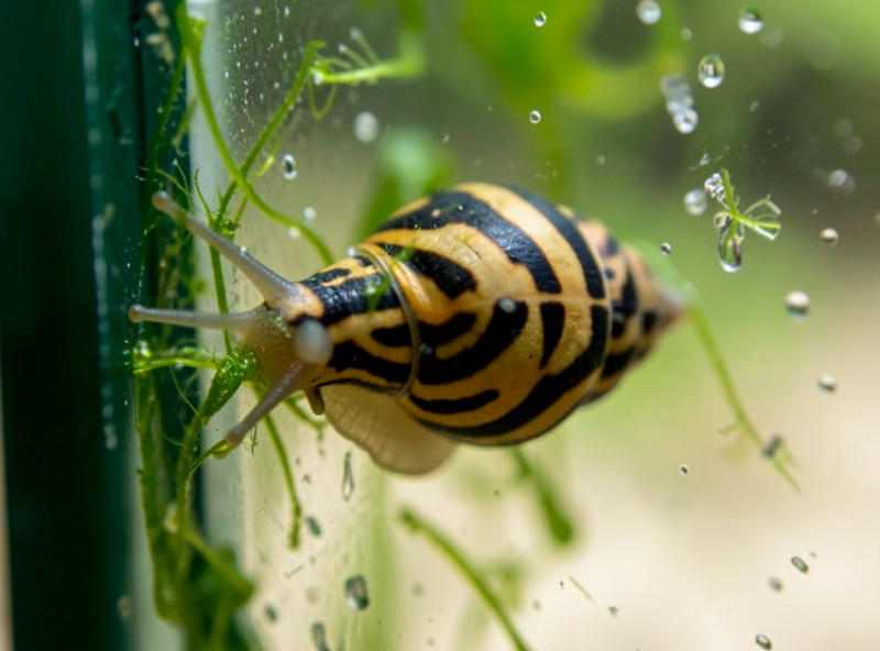 A zebra nerite snail with black and gold striped shell grazing algae on nano tank glass