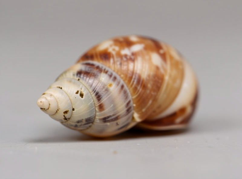 Close-up of a nerite snail with an eroded chalky white shell tip from soft water