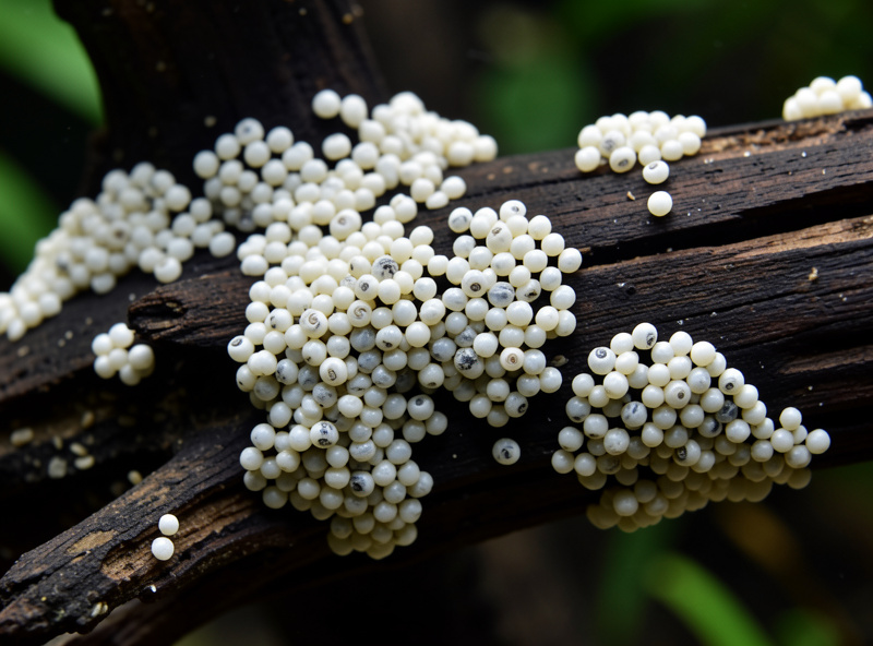 Small white sesame-seed nerite snail eggs cemented onto aquarium driftwood