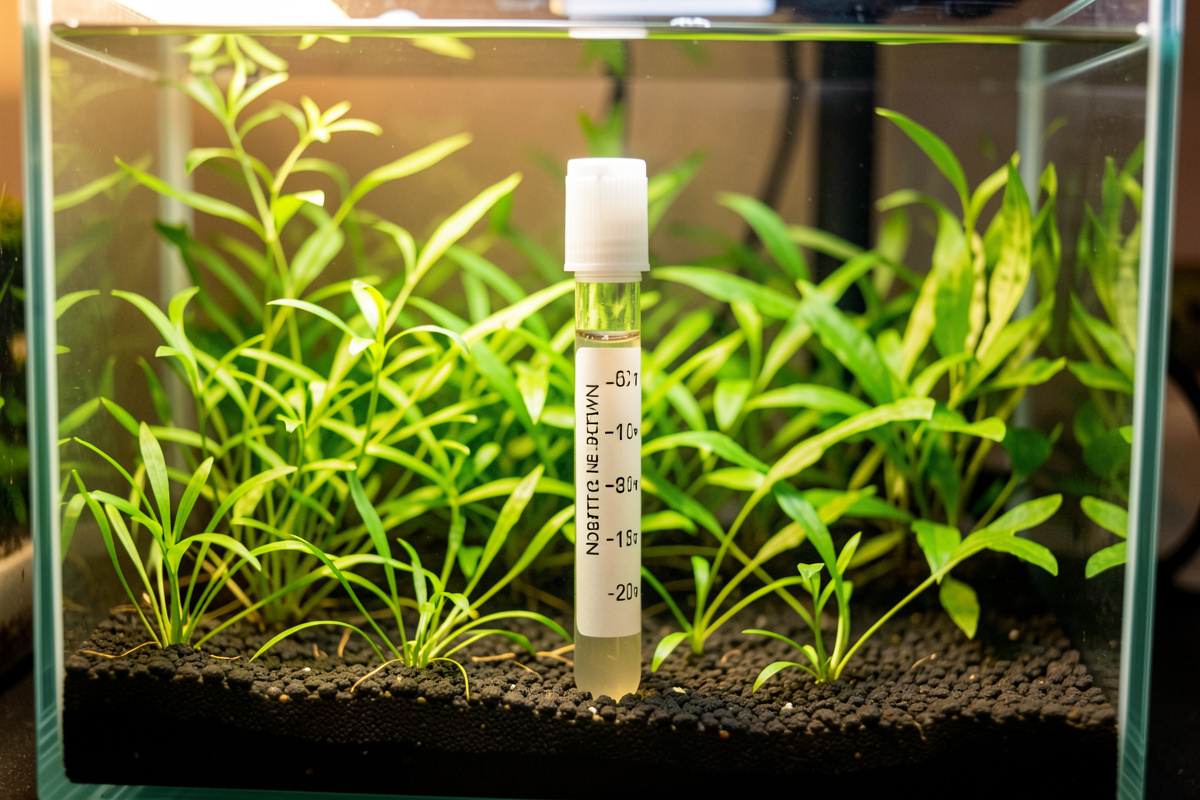 Healthy planted nano aquarium with a nitrate test tube showing a pale low reading