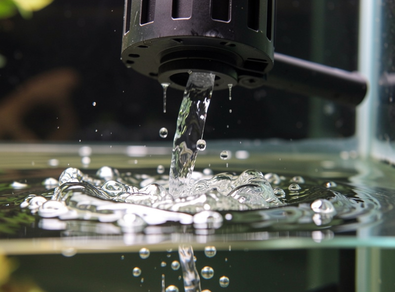 Aquarium filter outflow splashing onto a low water surface creating bubbles and trickling noise