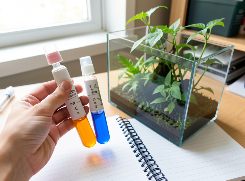 Hand holding two liquid aquarium test kit vials beside a planted nano tank with a logbook