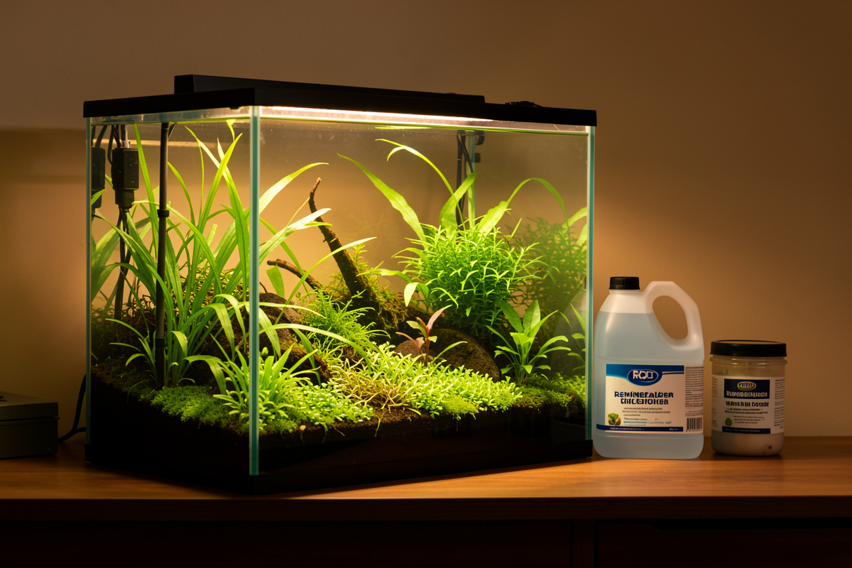 Lush planted nano aquarium beside a jug of RO water and a tub of remineralizer