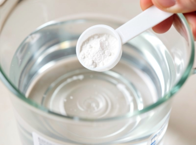 Measuring scoop of white GH/KH remineralizer powder dissolving in a beaker of RO water