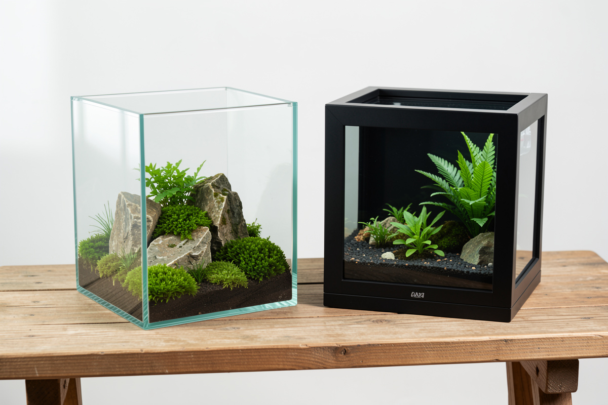 A rimless low-iron aquascape cube beside a black-framed all-in-one kit nano tank