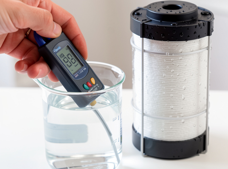 Digital TDS meter reading a beaker of water beside a reverse osmosis membrane housing