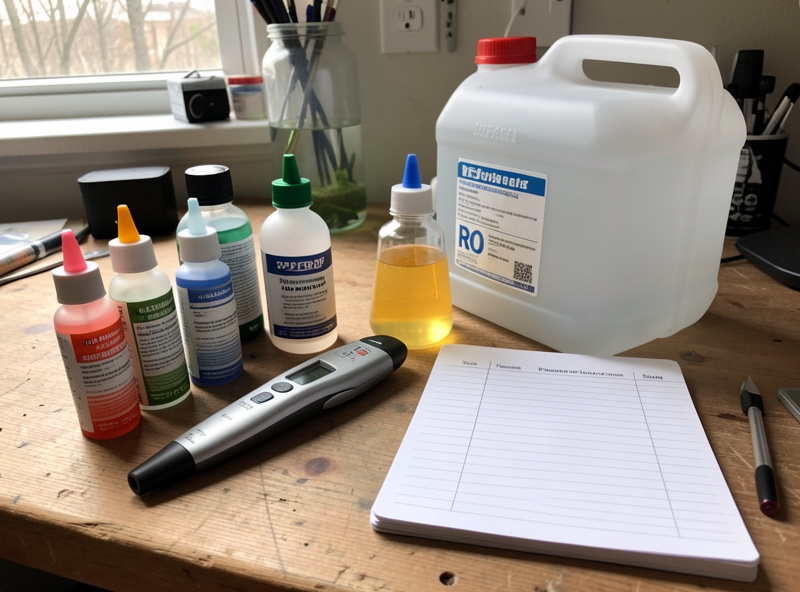 Aquarium water-testing supplies on a workbench with liquid test kit, pH pen, and a parameter log notebook
