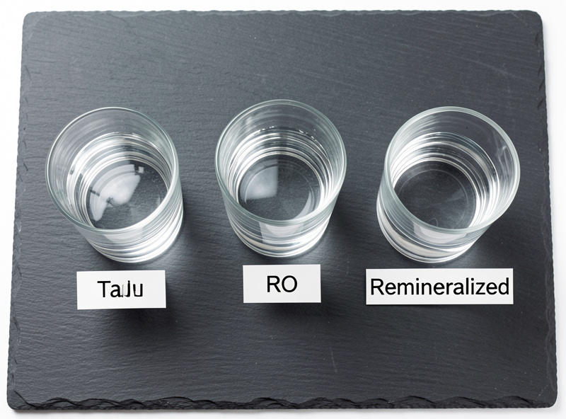 Three labelled glasses of water, tap, RO, and remineralized, arranged for comparison on a slate surface