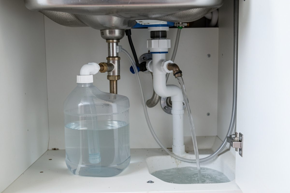 Reverse osmosis unit with a clear product line filling a jug and a drain line running to waste