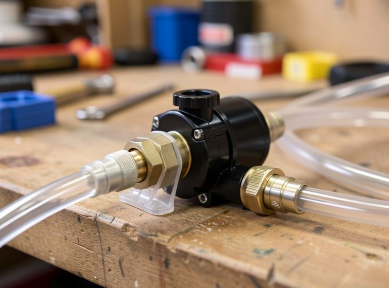 Permeate pump fitted inline on RO tubing on a workbench