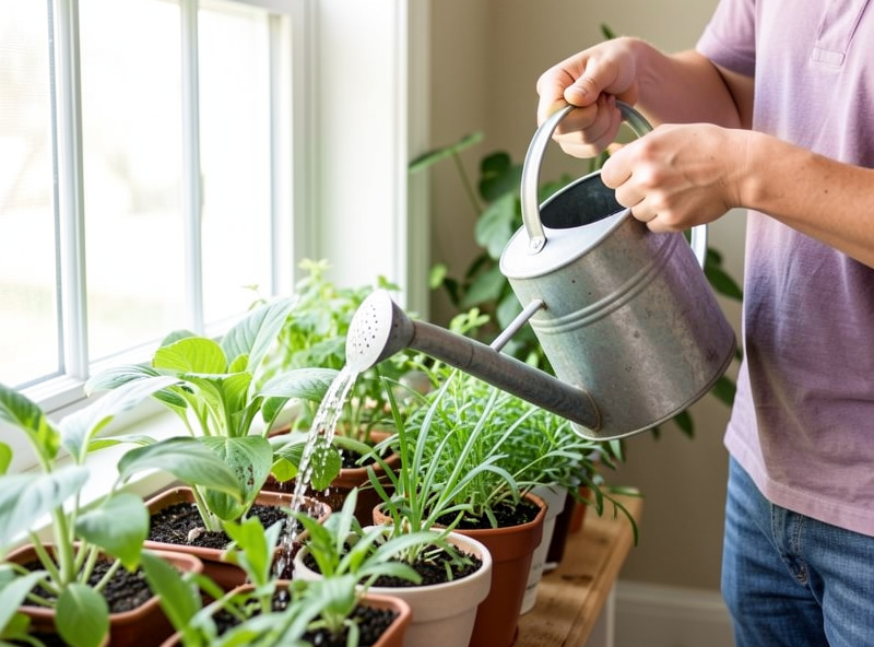 Person using collected RO reject water on green houseplants by a window