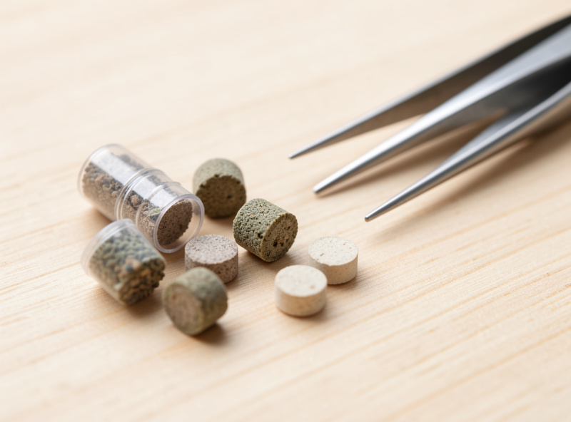Aquarium root tab tablets and capsules on a wooden table beside aquascaping tweezers and dark substrate
