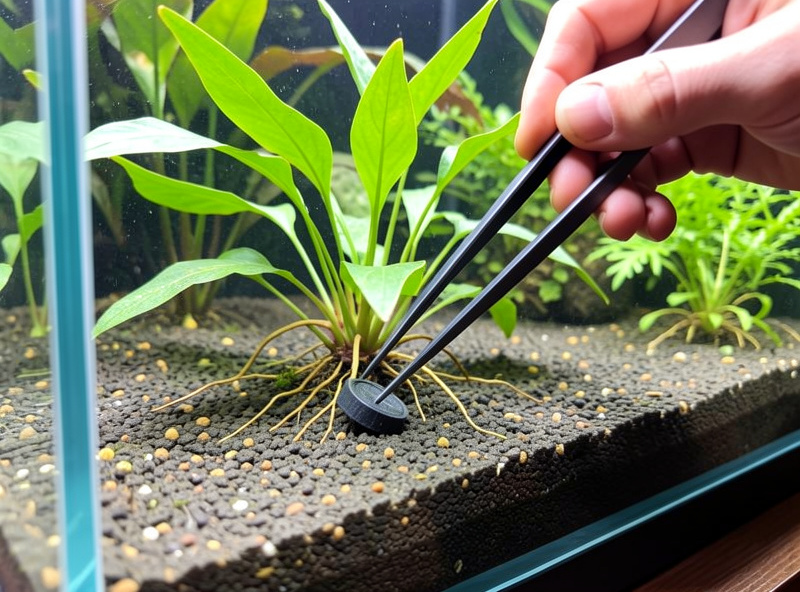 A hand using long aquascaping tweezers to bury a root tab at the base of a crypt plant